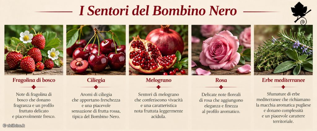 Sentori tipici del Bombino Nero: fragolina di bosco, ciliegia, melograno, rosa ed erbe mediterranee