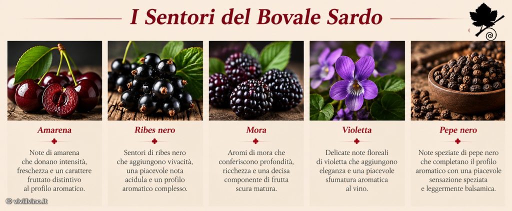 Sentori tipici del Bovale Sardo: amarena, ribes nero, mora, violetta e pepe nero