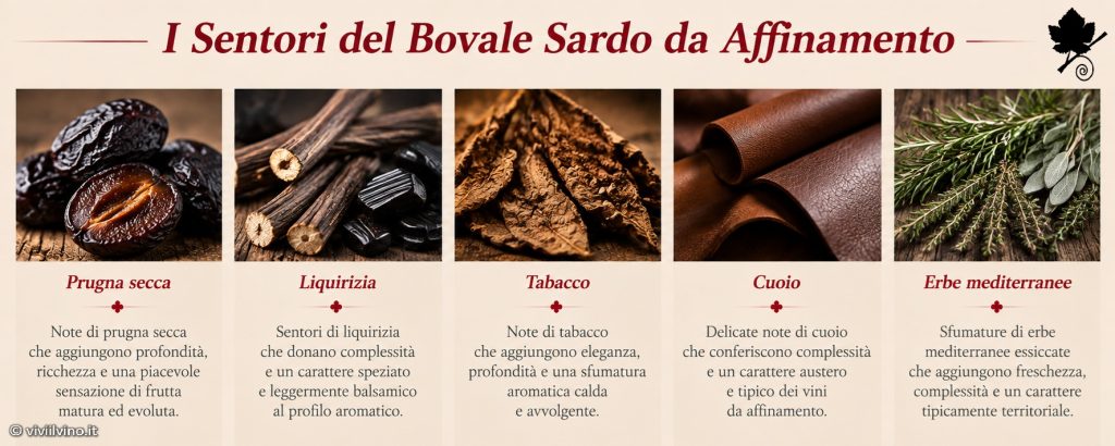 Sentori del Bovale Sardo da affinamento: prugna secca, liquirizia, tabacco, cuoio ed erbe mediterranee