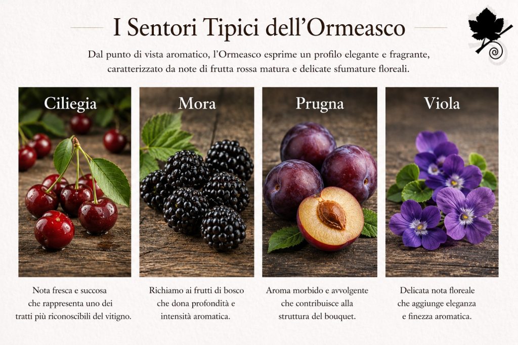 Sentori tipici dell'Ormeasco: ciliegia, mora, prugna e viola.